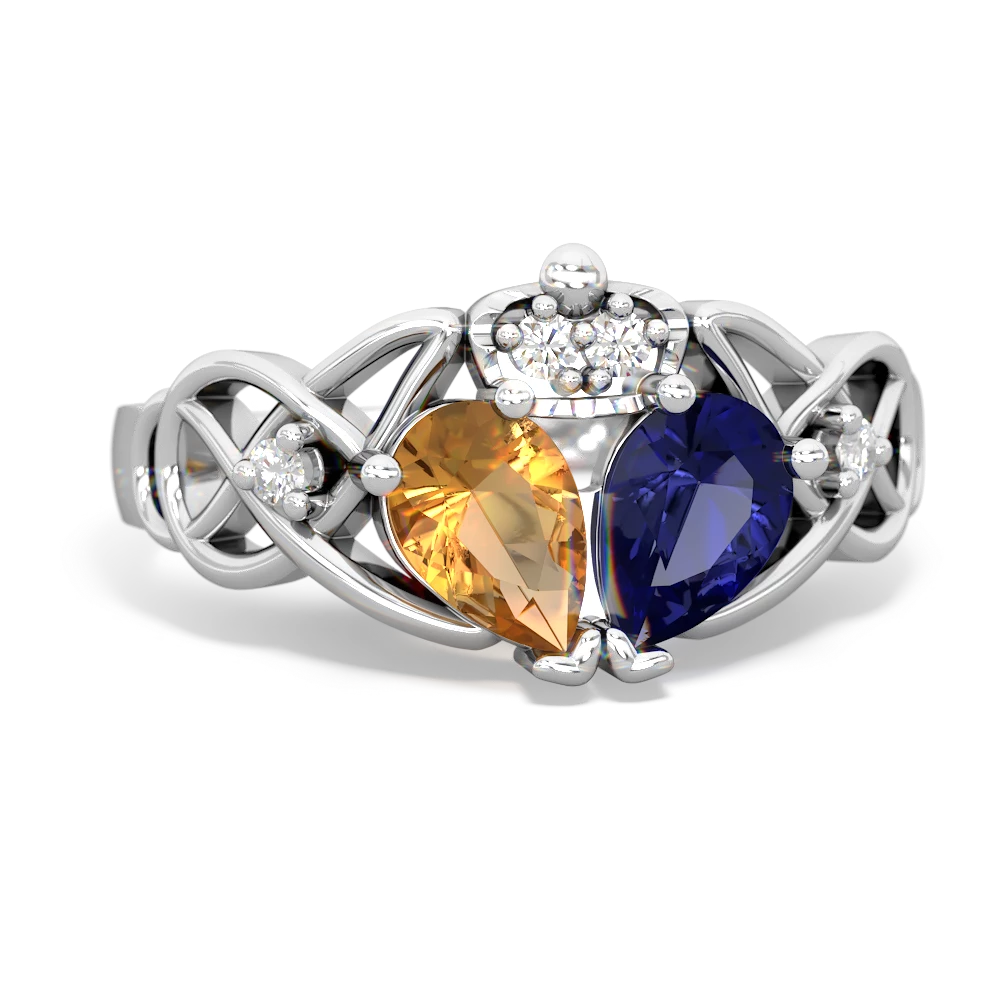 Lab Sapphire 'One Heart' Celtic Knot Claddagh 14K White Gold ring R5322