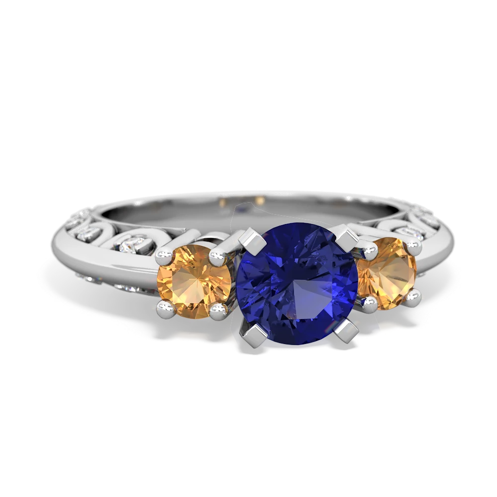 Lab Sapphire Art Deco Eternal Embrace Engagement 14K White Gold ring C2003