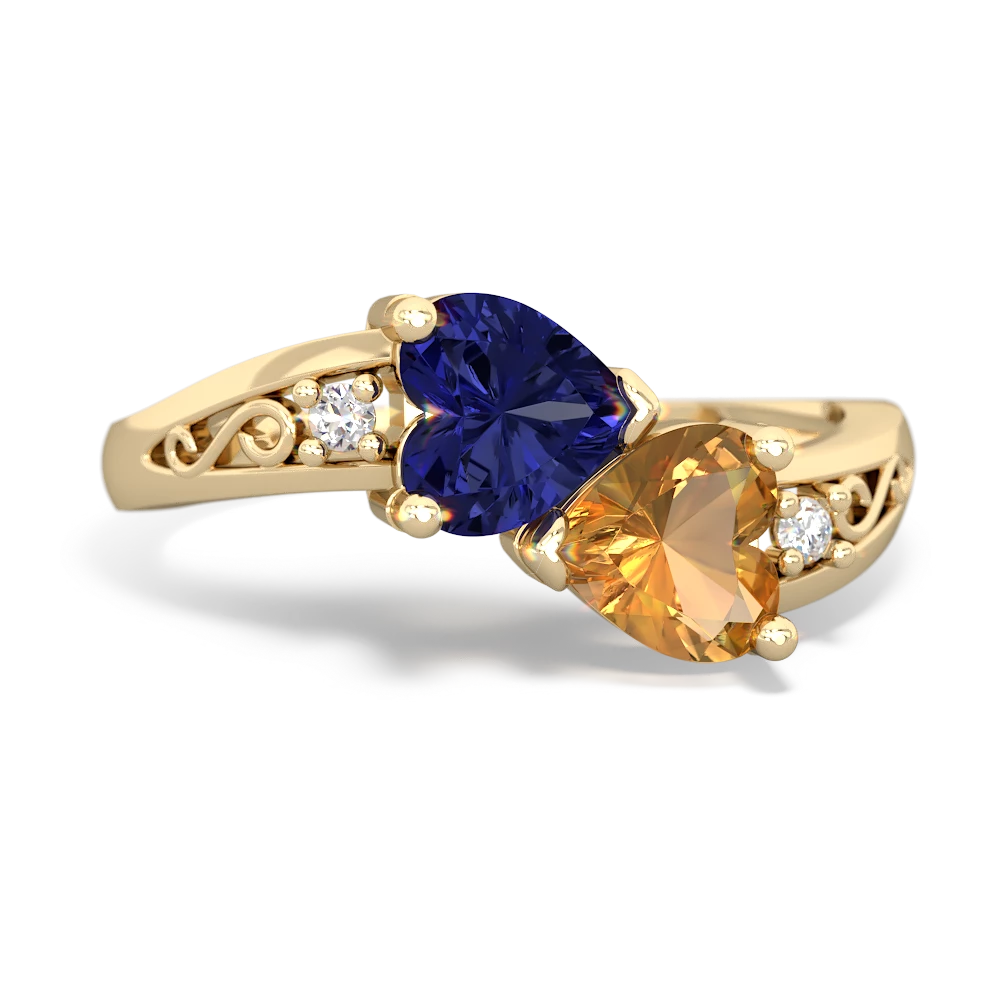 Lab Sapphire Snuggling Hearts 14K Yellow Gold ring R2178