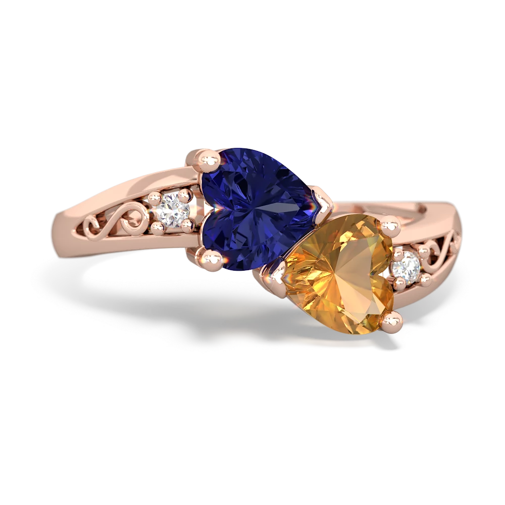 Lab Sapphire Snuggling Hearts 14K Rose Gold ring R2178