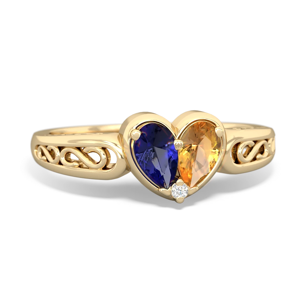 Lab Sapphire Filligree 'One Heart' 14K Yellow Gold ring R5070