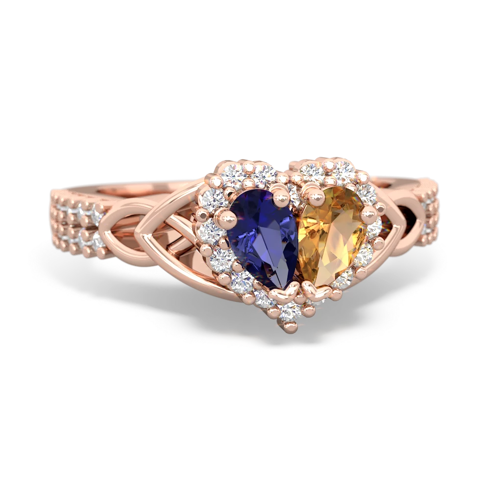 Lab Sapphire Celtic Knot Two Hearts As One 14K Rose Gold ring R2644HRT