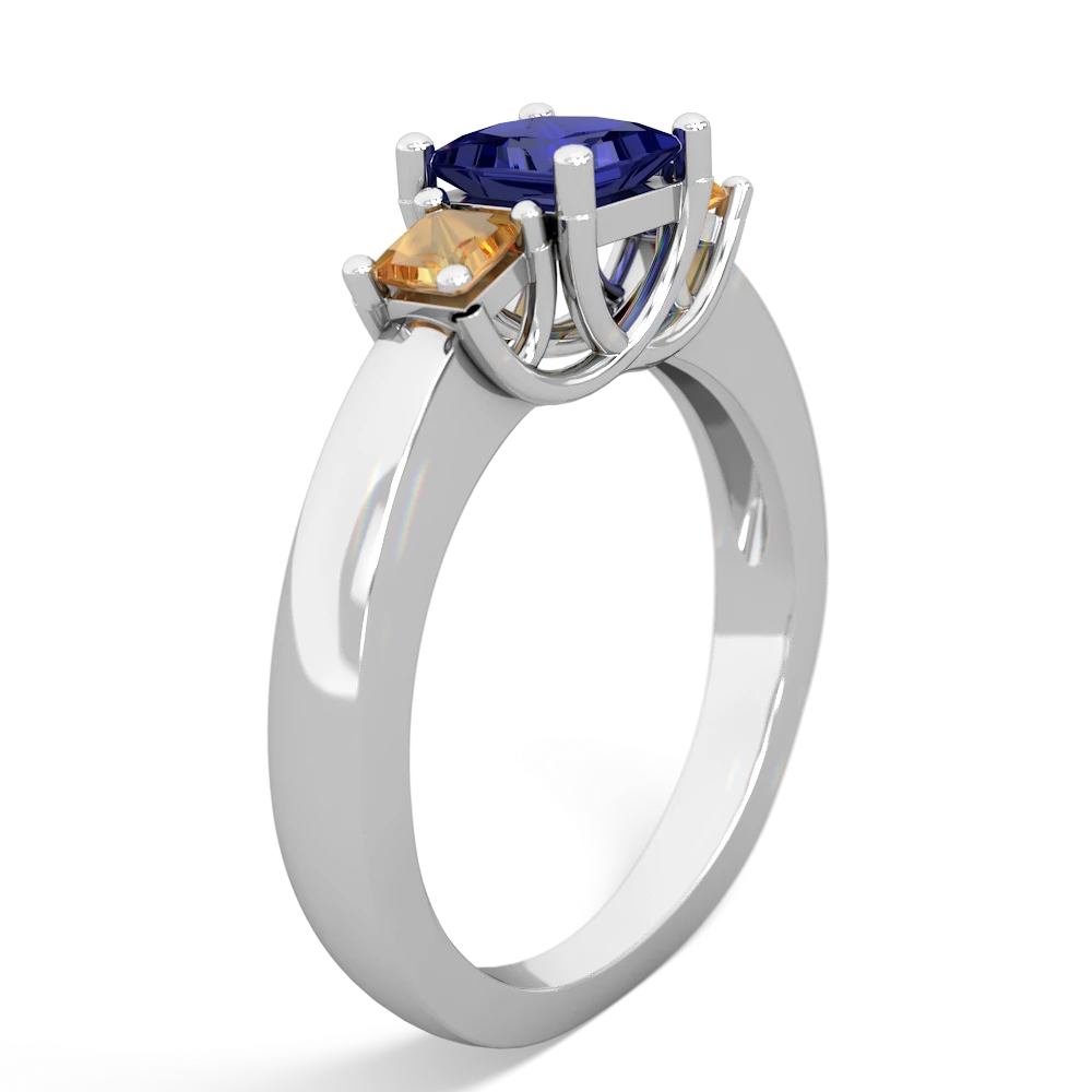 Lab Sapphire Three Stone Trellis 14K White Gold ring R4015