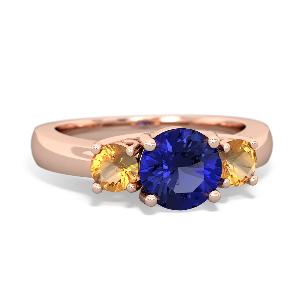 Lab Sapphire Three Stone Round Trellis 14K Rose Gold ring R4018