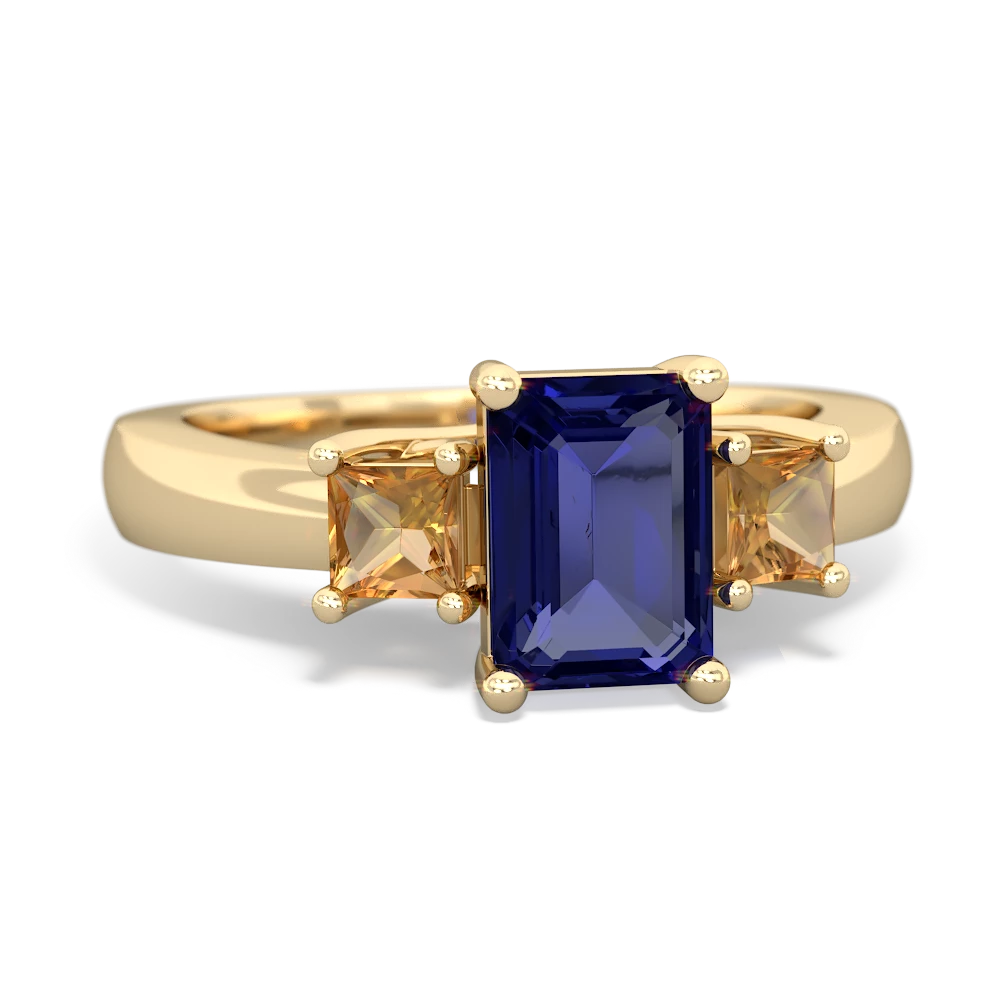 Lab Sapphire Three Stone Emerald-Cut Trellis 14K Yellow Gold ring R4021