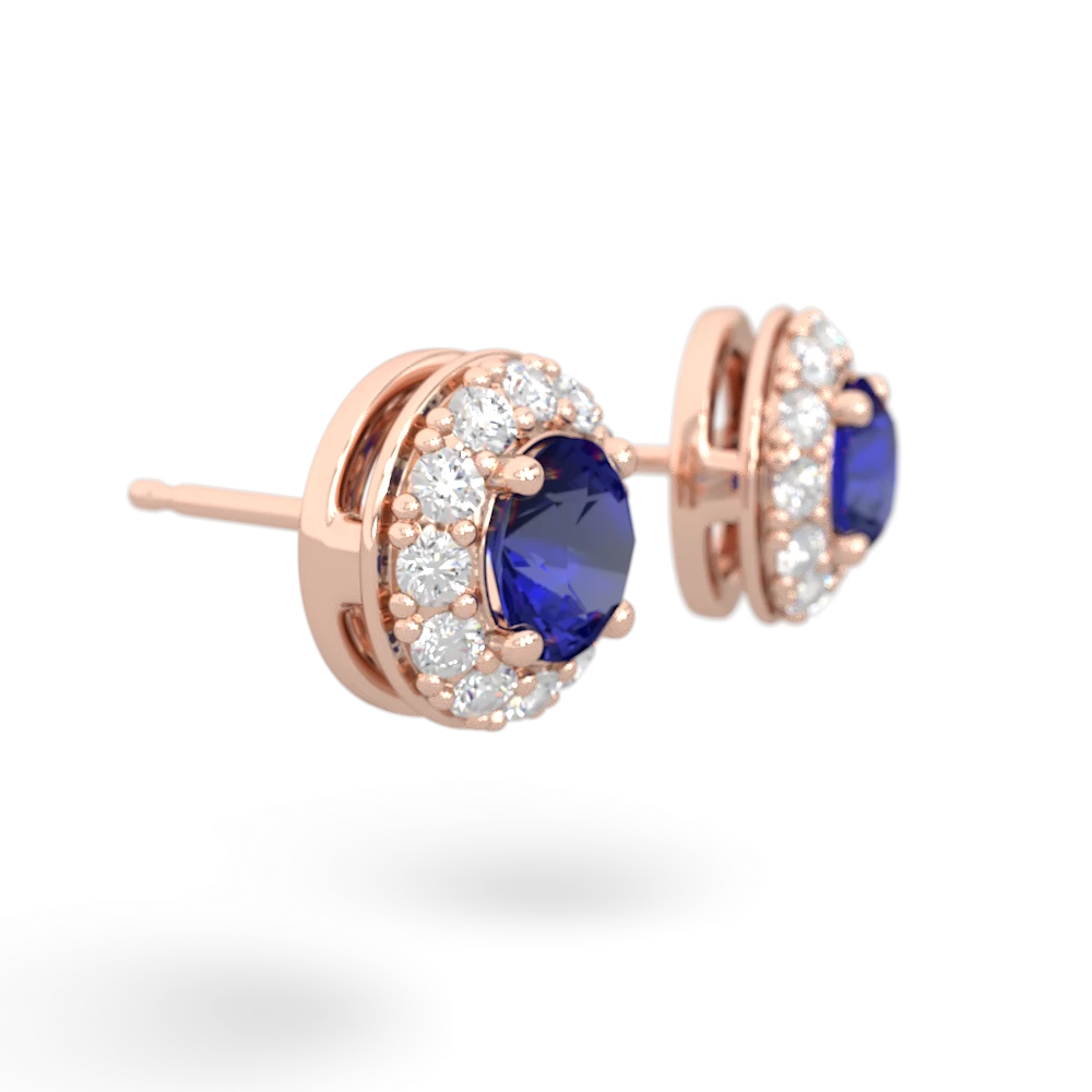 Lab Sapphire Diamond Halo 14K Rose Gold earrings E5370