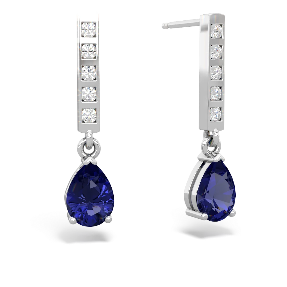 Lab Sapphire Art Deco Diamond Drop 14K White Gold earrings E5324