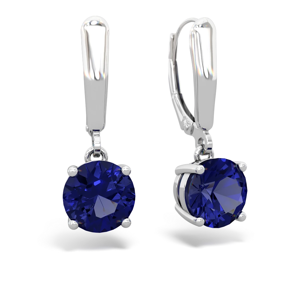 Lab Sapphire 8Mm  Round Lever Back 14K White Gold earrings E2788