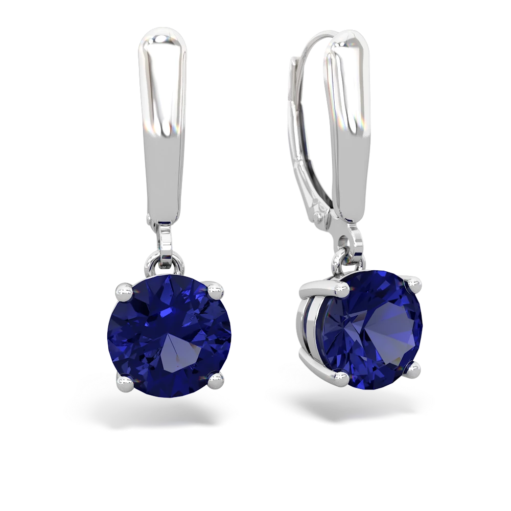 Lab Sapphire 8Mm Round Lever Back 14K White Gold earrings E2788