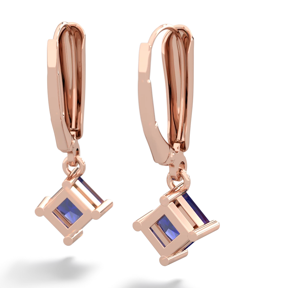 Lab Sapphire 6Mm Princess Lever Back 14K Rose Gold earrings E2789