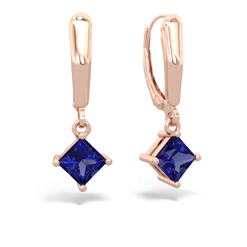 Lab Sapphire 6Mm Princess Lever Back 14K Rose Gold earrings E2789