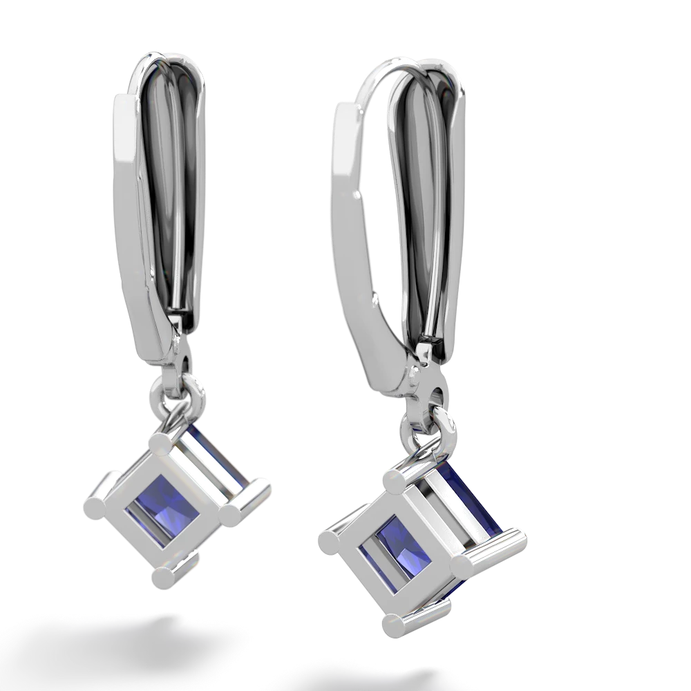 Lab Sapphire 6Mm Princess Lever Back 14K White Gold earrings E2789