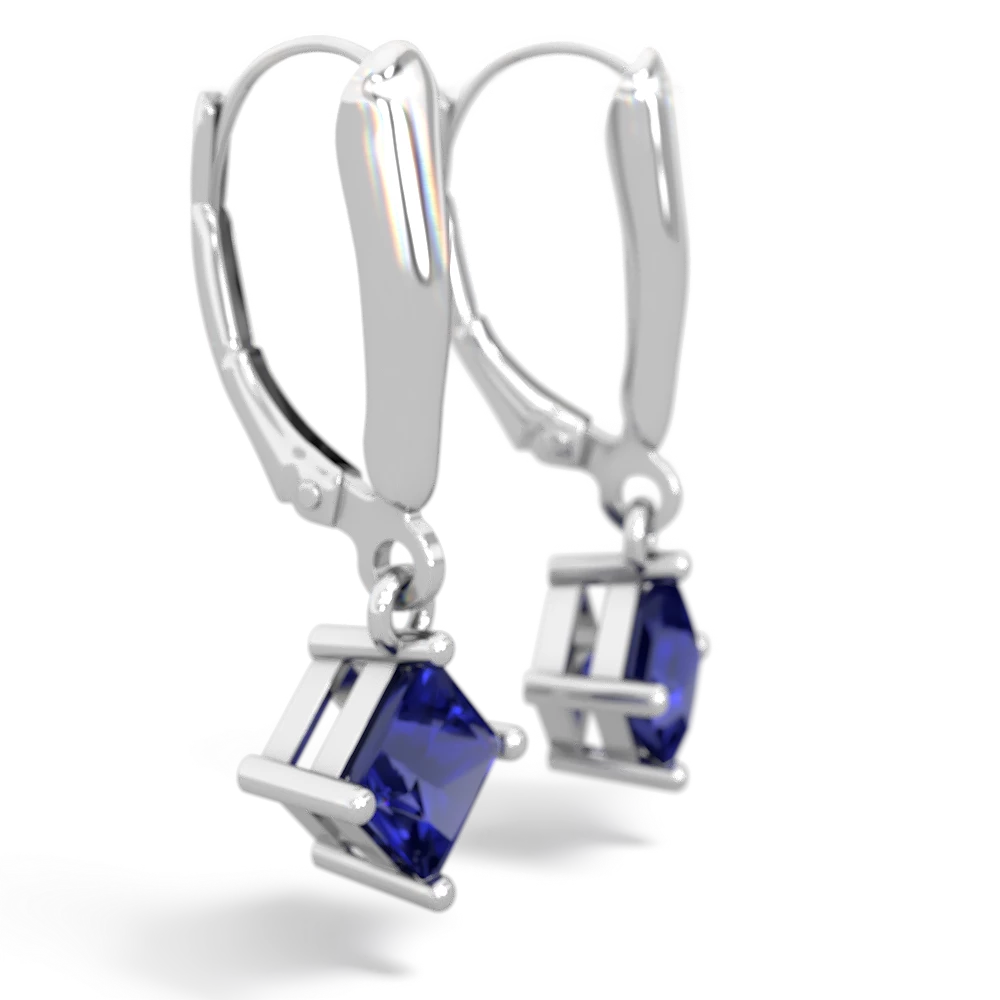 Lab Sapphire 6Mm Princess Lever Back 14K White Gold earrings E2789