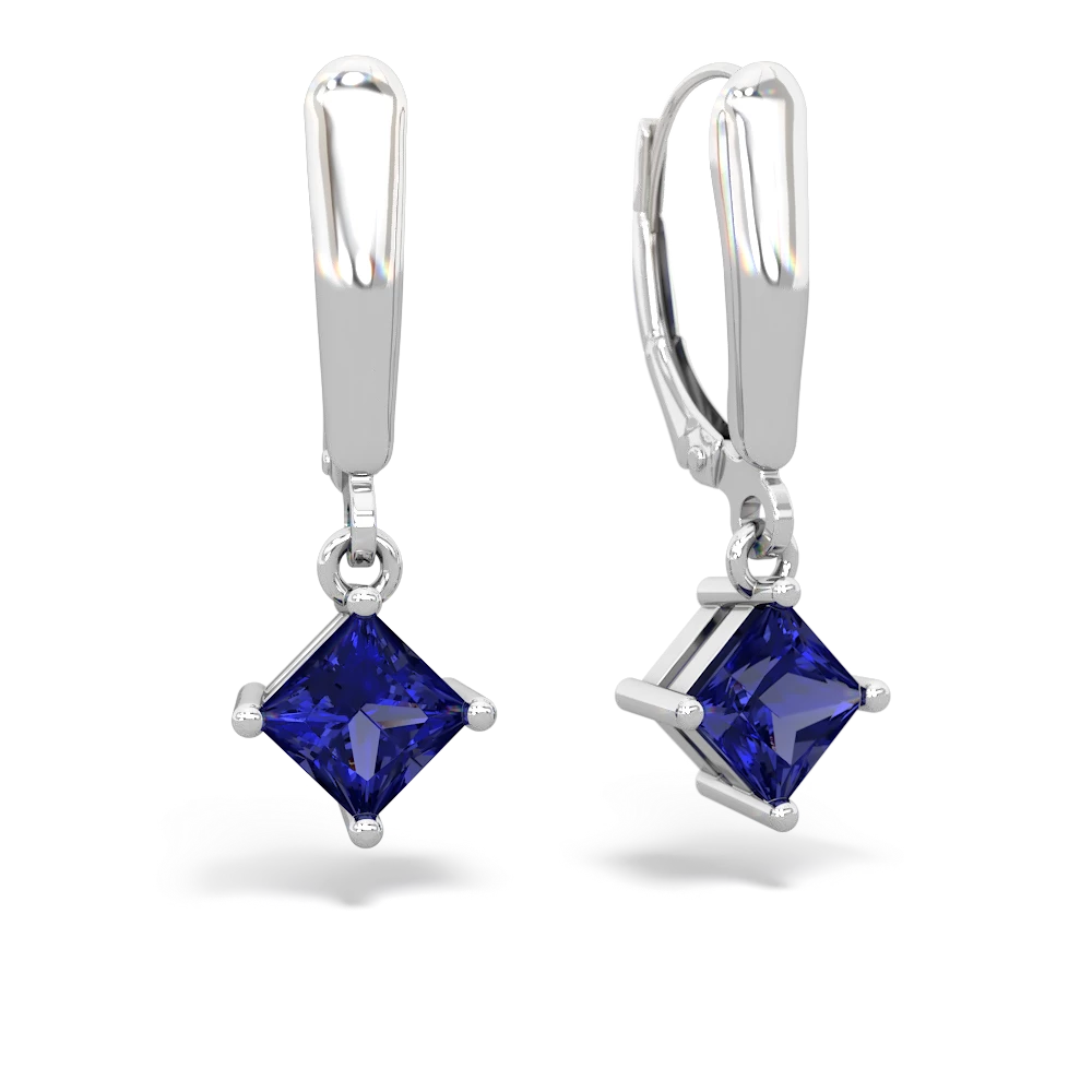 Lab Sapphire 6Mm Princess Lever Back 14K White Gold earrings E2789