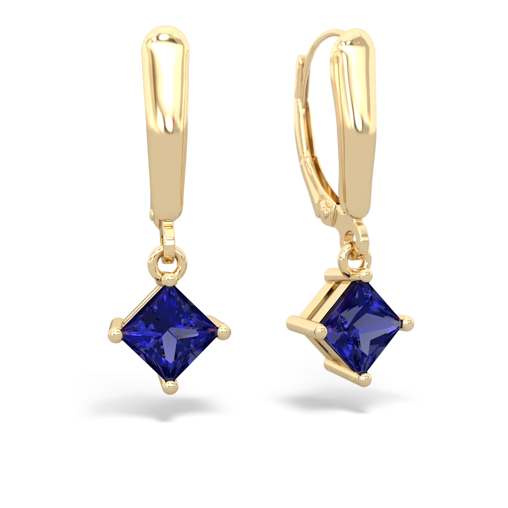 Lab Sapphire 6Mm Princess Lever Back 14K Yellow Gold earrings E2789