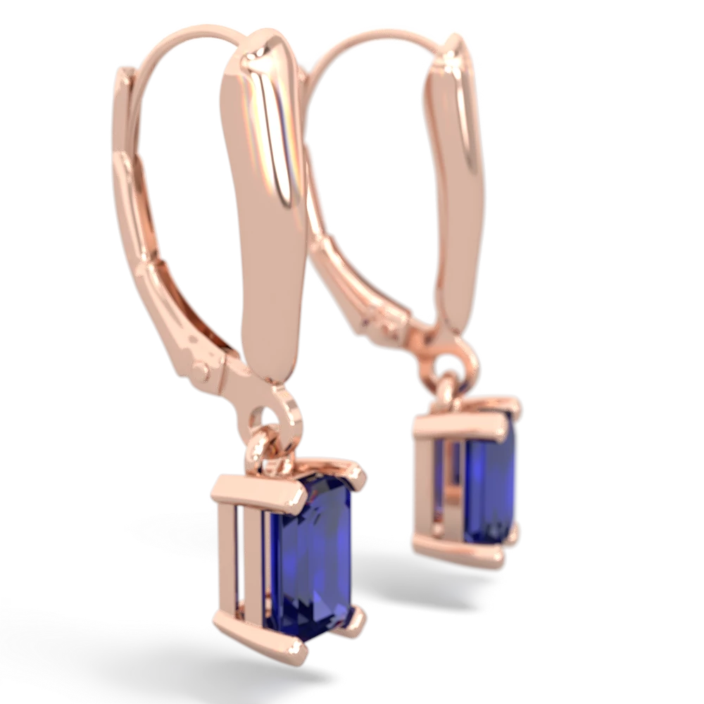 Lab Sapphire 6X4mm Emerald-Cut Lever Back 14K Rose Gold earrings E2855