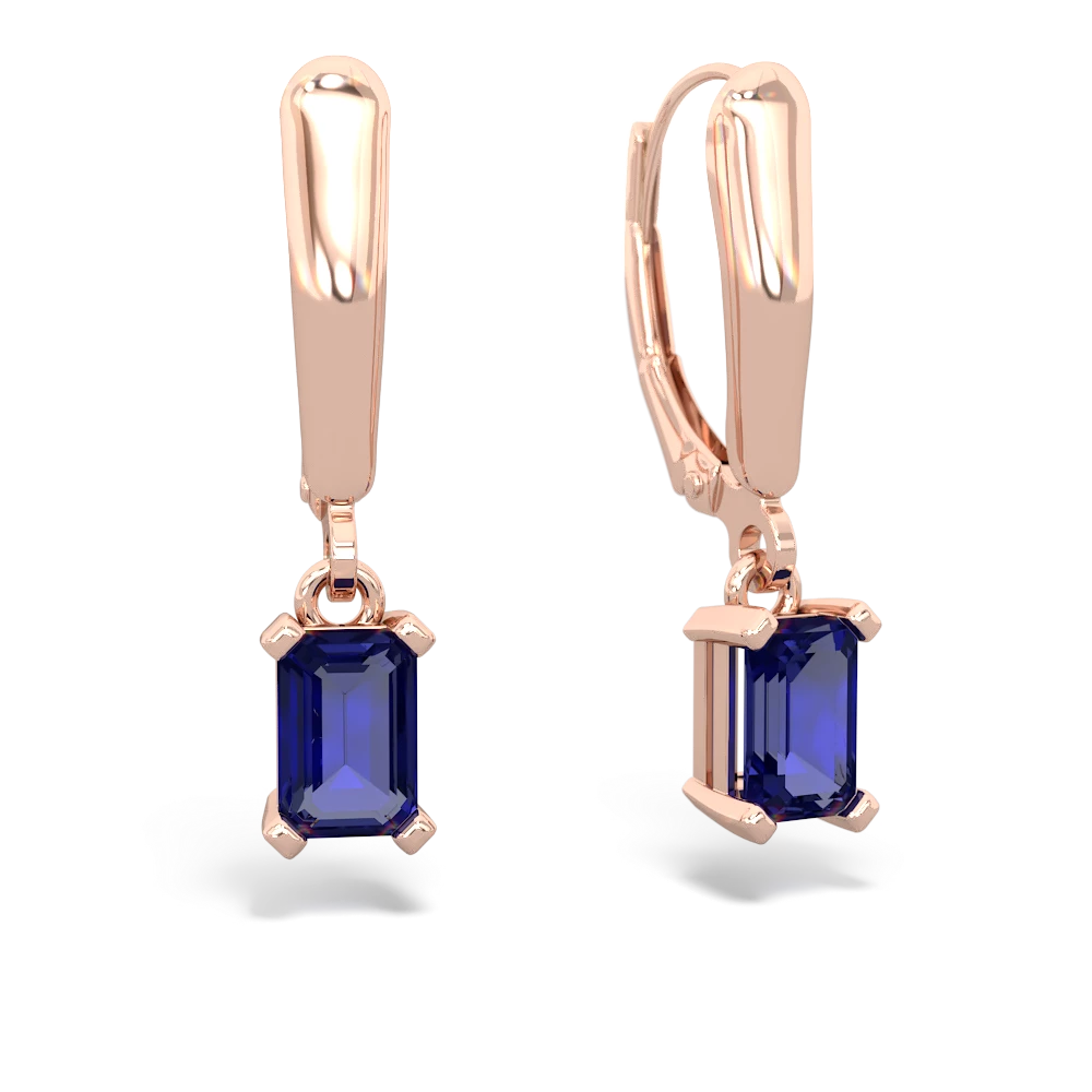 Lab Sapphire 6X4mm Emerald-Cut Lever Back 14K Rose Gold earrings E2855