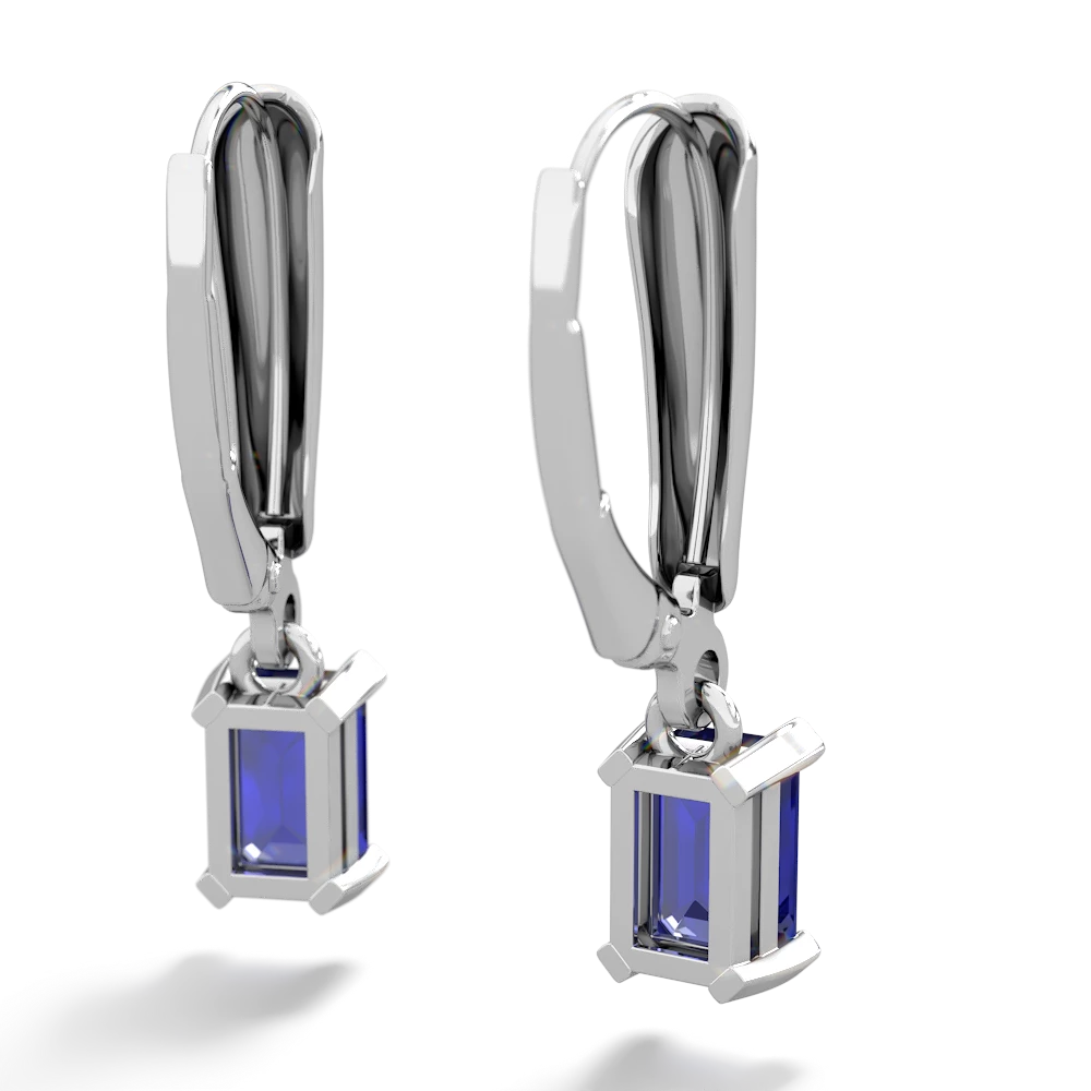 Lab Sapphire 6X4mm Emerald-Cut Lever Back 14K White Gold earrings E2855