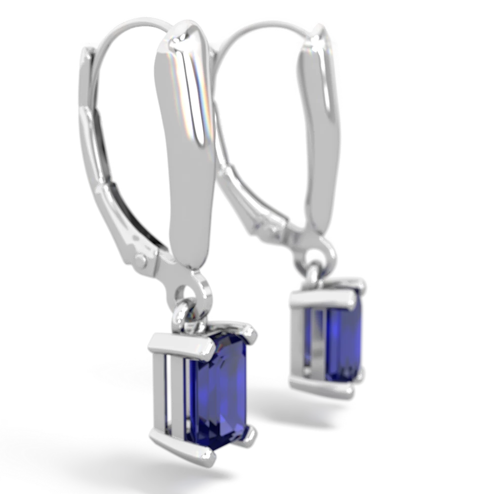 Lab Sapphire 6X4mm Emerald-Cut Lever Back 14K White Gold earrings E2855