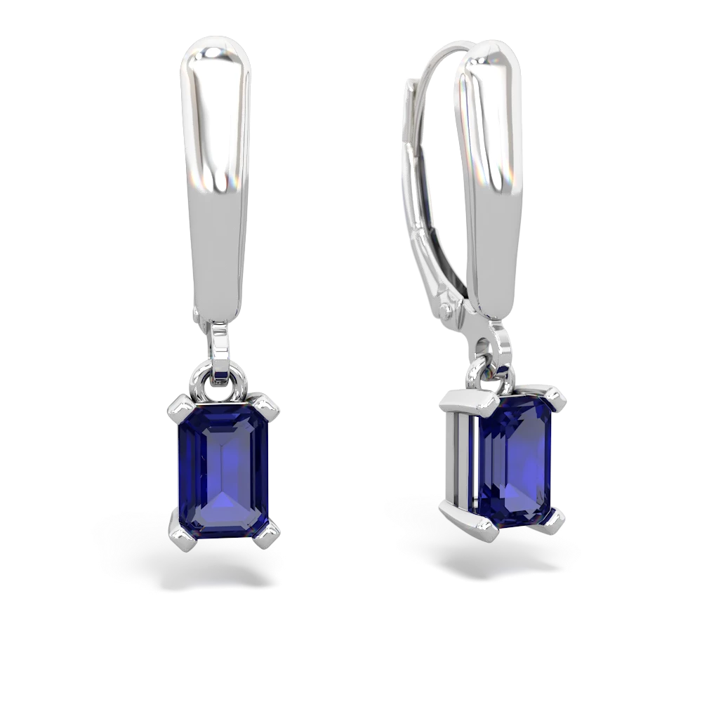 Lab Sapphire 6X4mm Emerald-Cut Lever Back 14K White Gold earrings E2855