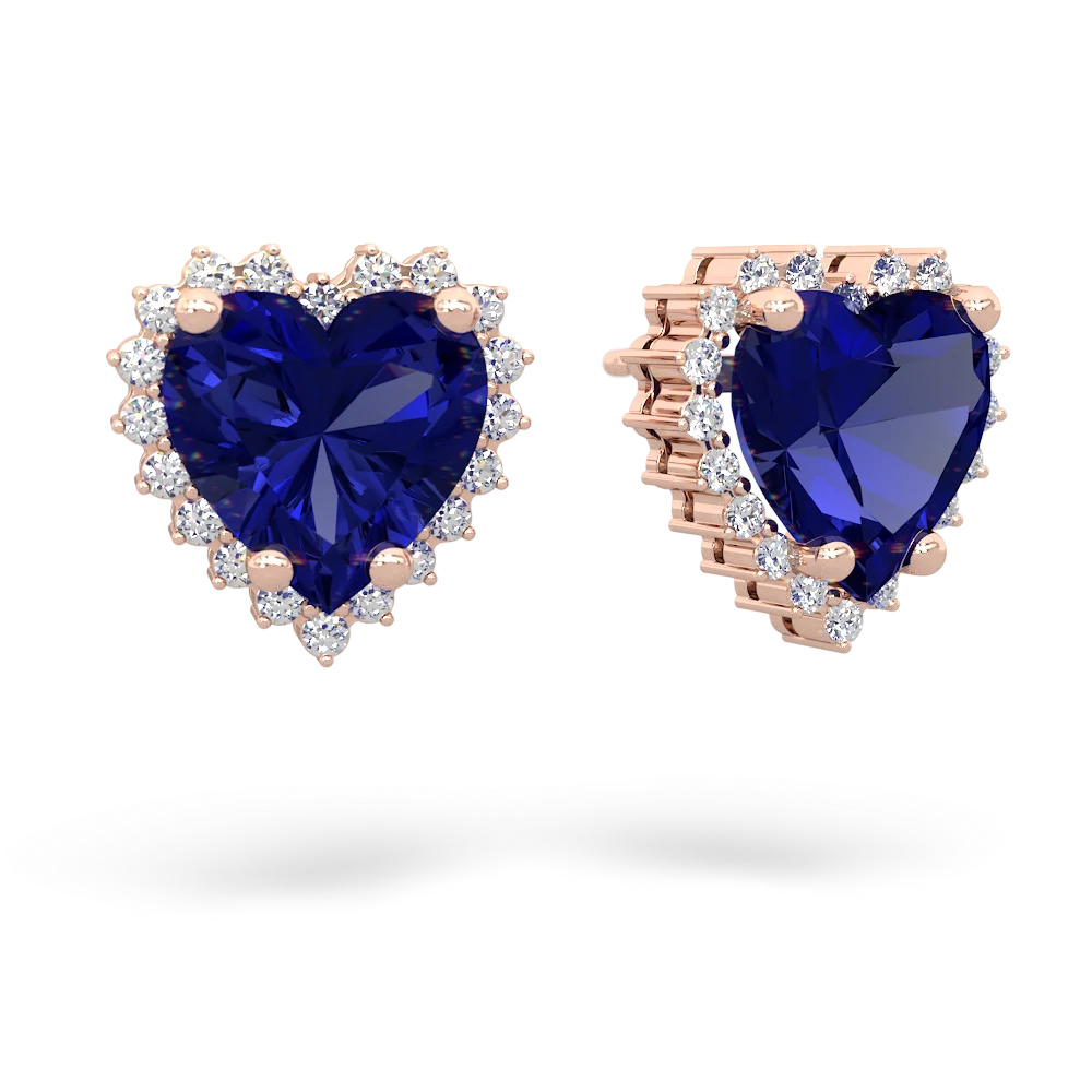 Lab Sapphire Sparkling Halo Heart 14K Rose Gold earrings E0391