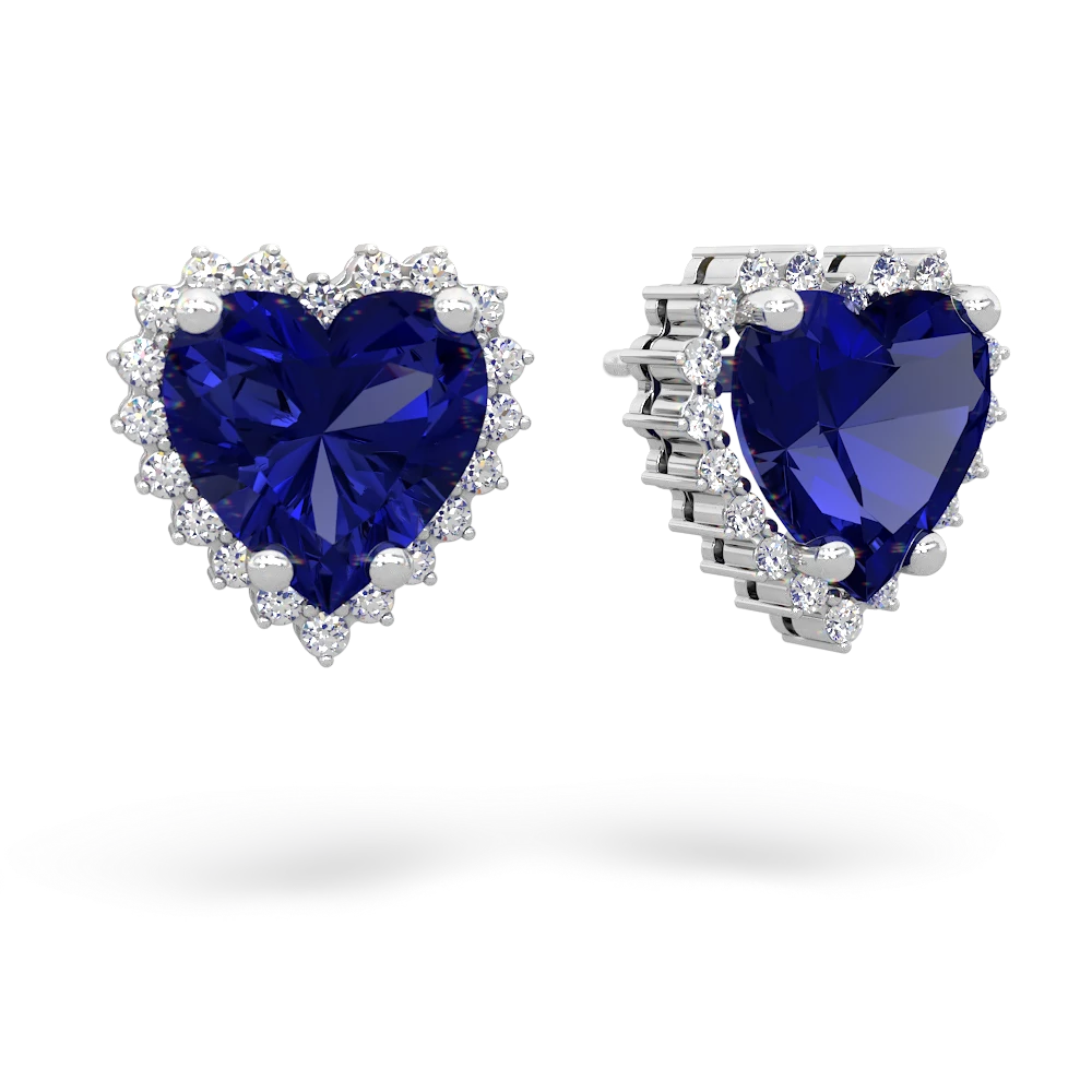 Lab Sapphire Sparkling Halo Heart 14K White Gold earrings E0391