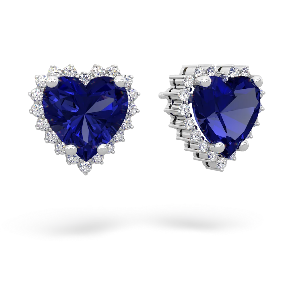 Lab Sapphire Sparkling Halo Heart earrings 14K White Gold
