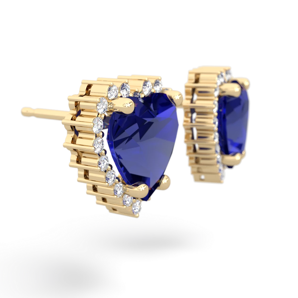 Lab Sapphire Sparkling Halo Heart 14K Yellow Gold earrings E0391