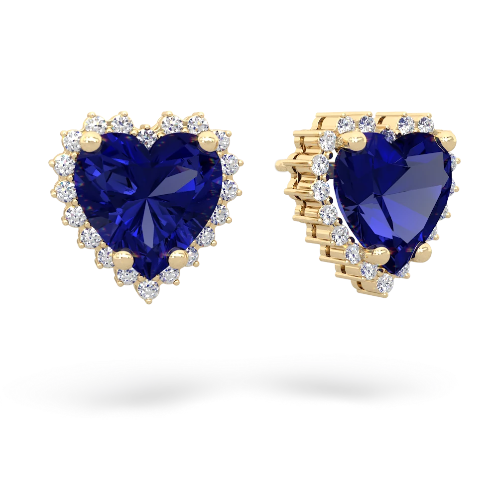 Lab Sapphire Sparkling Halo Heart 14K Yellow Gold earrings E0391