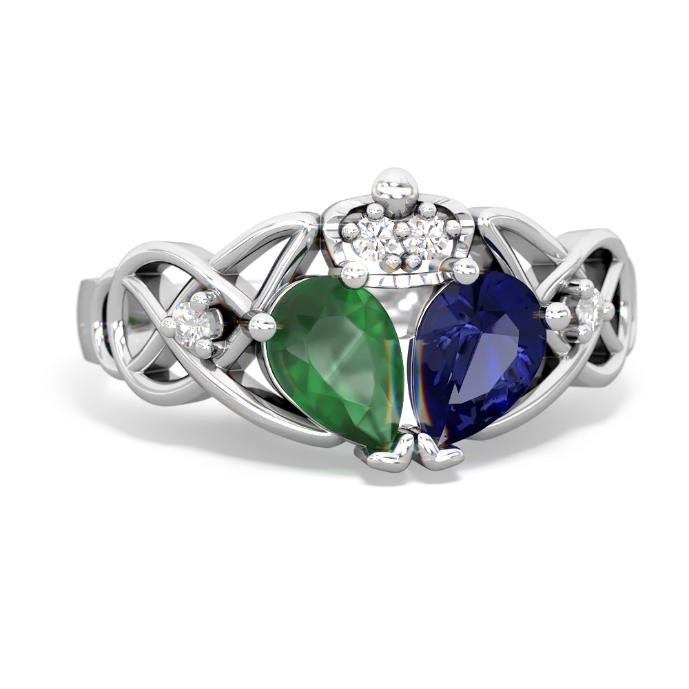 Lab Sapphire 'One Heart' Celtic Knot Claddagh 14K White Gold ring R5322