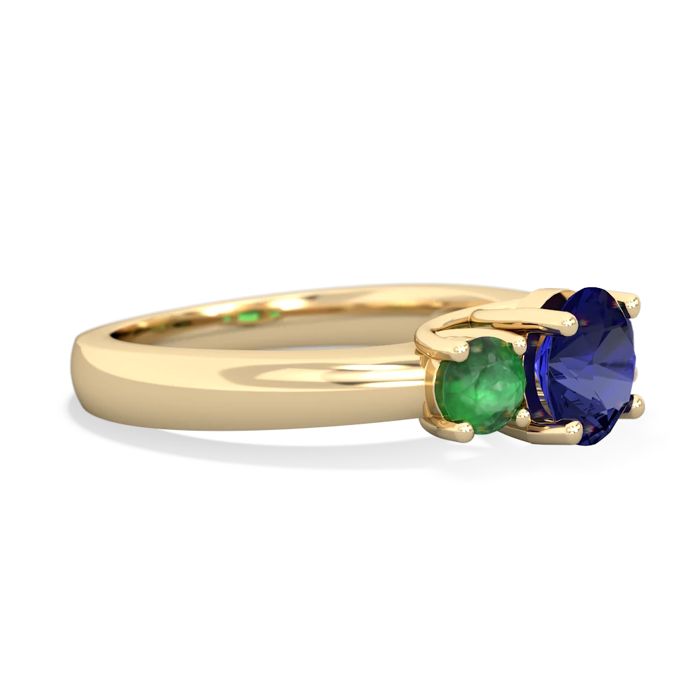 Lab Sapphire Three Stone Round Trellis 14K Yellow Gold ring R4018