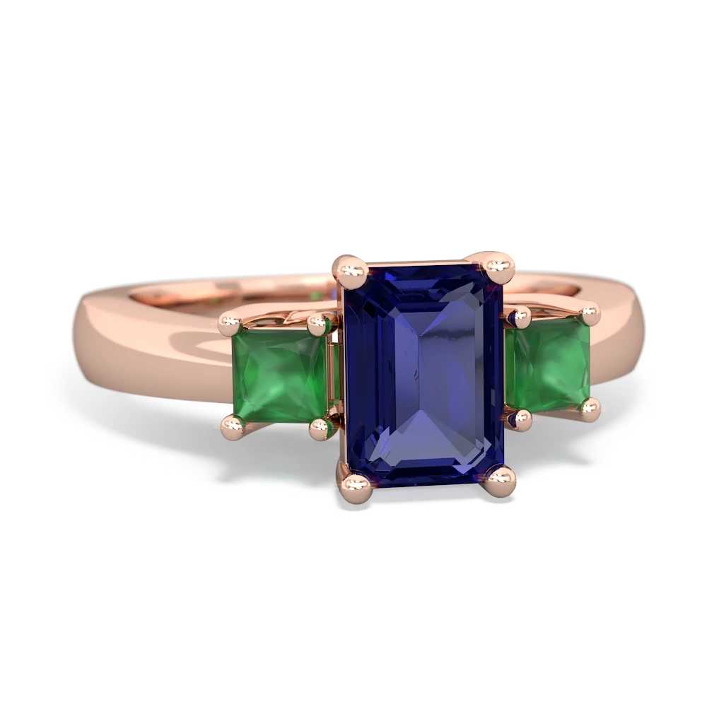 Lab Sapphire Three Stone Emerald-Cut Trellis 14K Rose Gold ring R4021