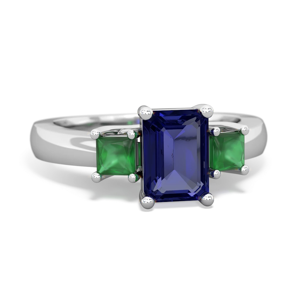 Lab Sapphire Three Stone Emerald-Cut Trellis 14K White Gold ring R4021