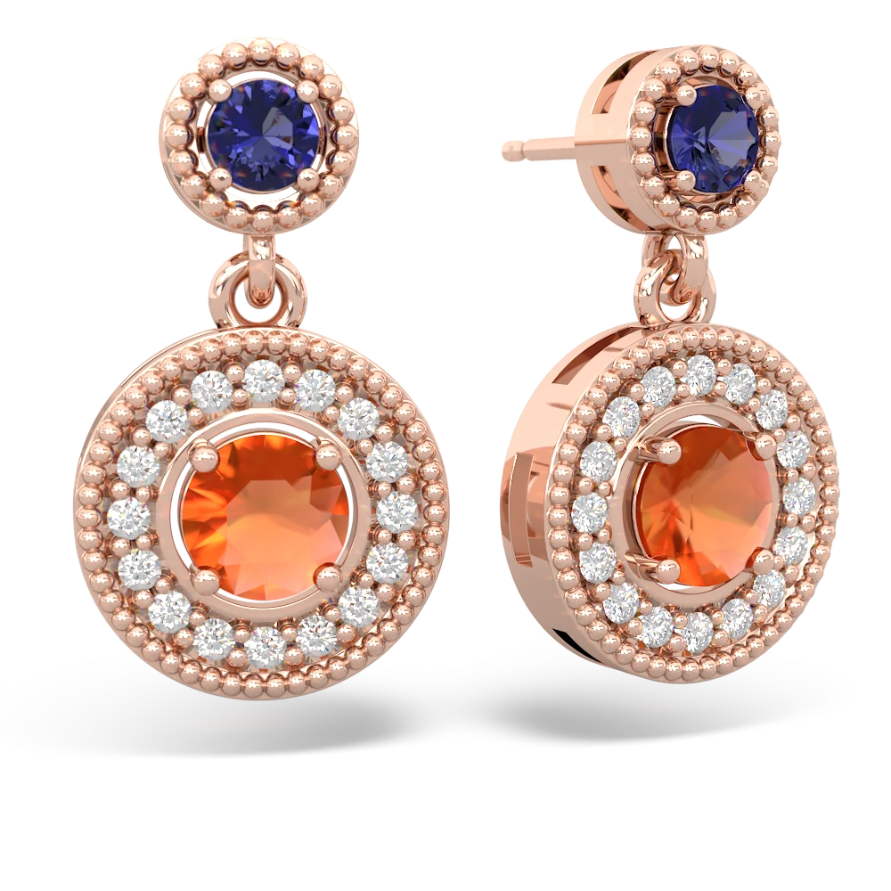 Lab Sapphire Halo Dangle 14K Rose Gold earrings E5319