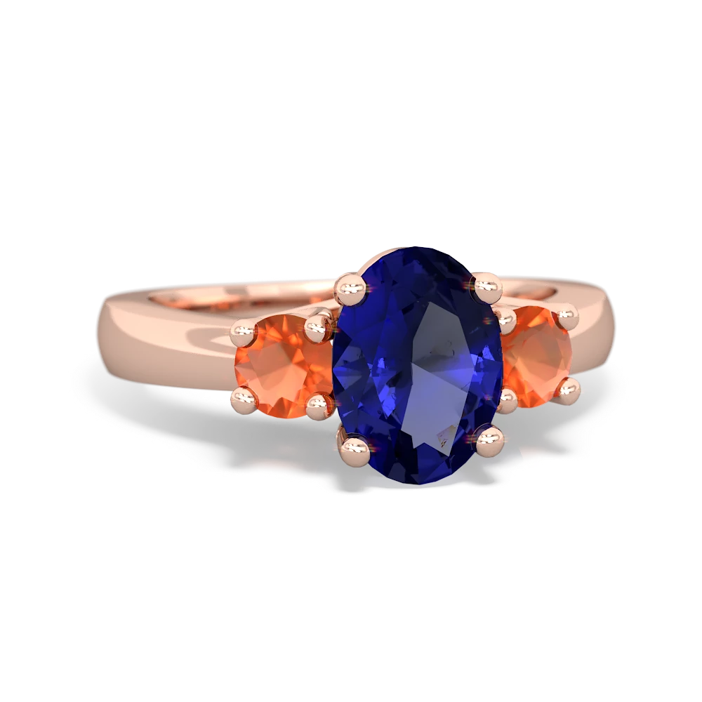 Lab Sapphire Three Stone Oval Trellis 14K Rose Gold ring R4024