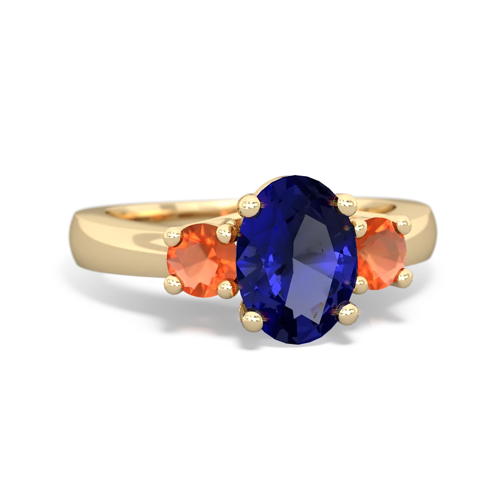 Lab Sapphire Three Stone Oval Trellis 14K Yellow Gold ring R4024