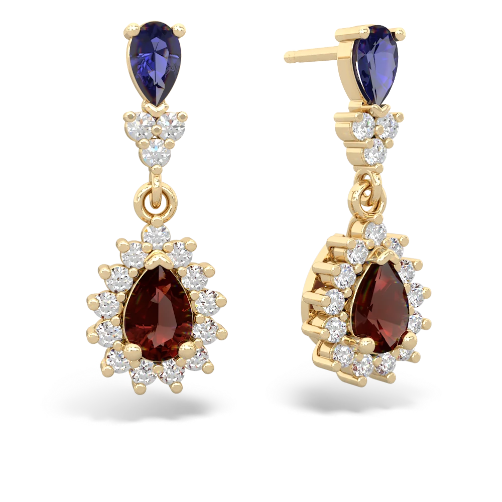 Lab Sapphire Halo Pear Dangle 14K Yellow Gold earrings E1882