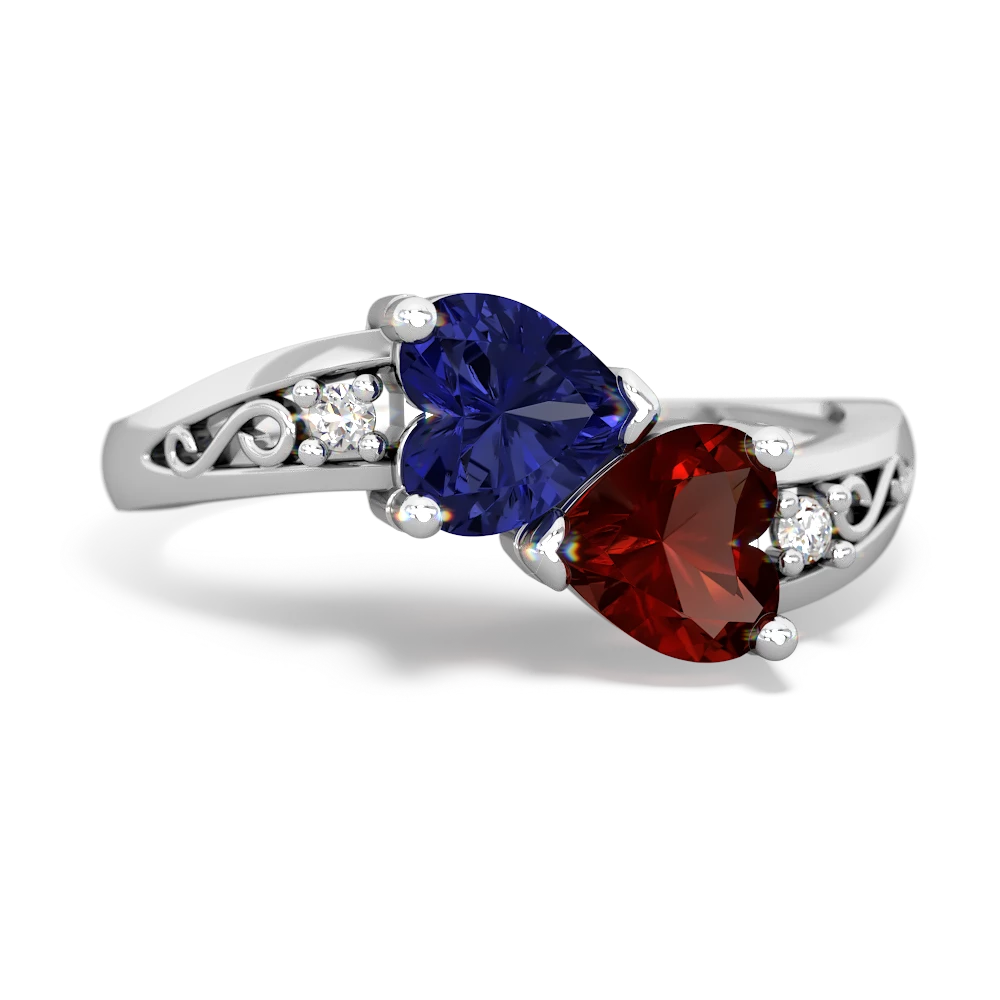 Lab Sapphire Snuggling Hearts 14K White Gold ring R2178