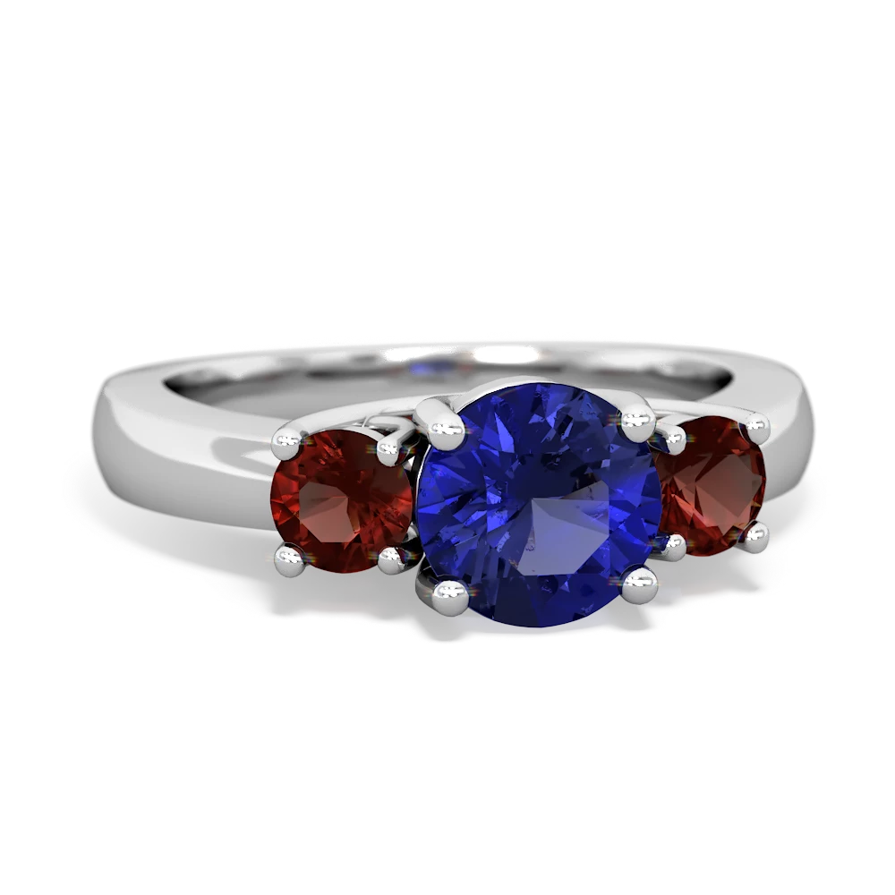 Lab Sapphire Three Stone Round Trellis 14K White Gold ring R4018