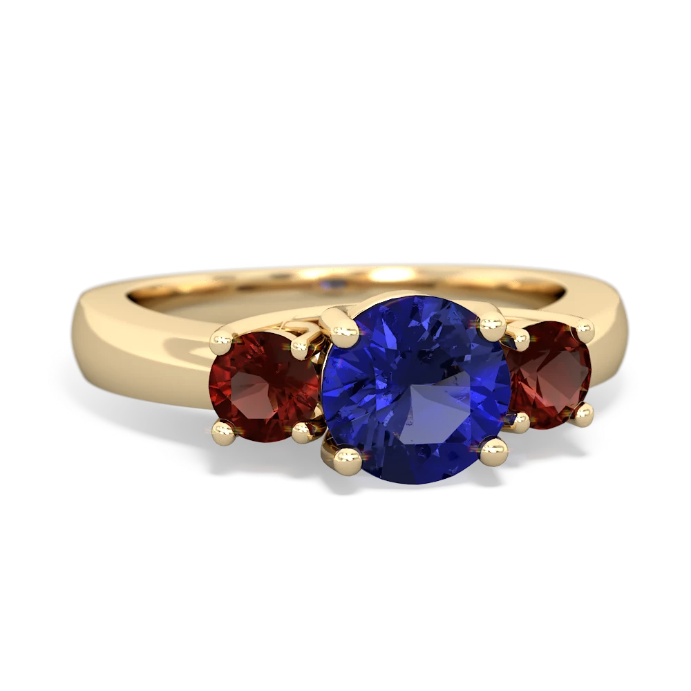 Lab Sapphire Three Stone Round Trellis 14K Yellow Gold ring R4018