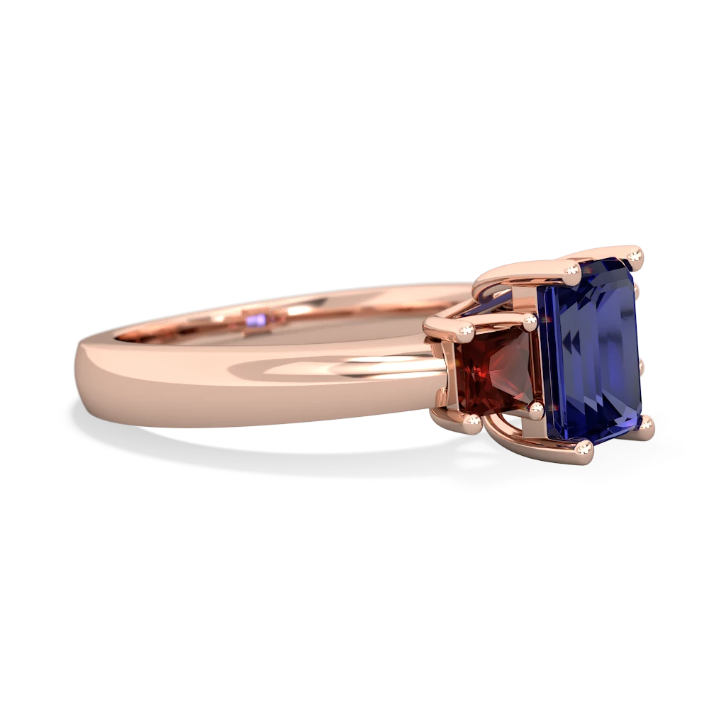 Lab Sapphire Three Stone Emerald-Cut Trellis 14K Rose Gold ring R4021