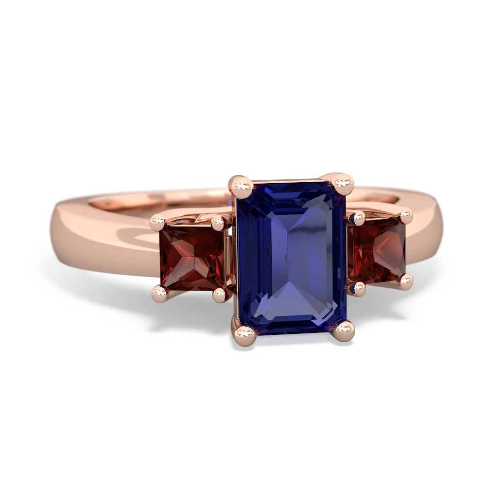 Lab Sapphire Three Stone Emerald-Cut Trellis 14K Rose Gold ring R4021