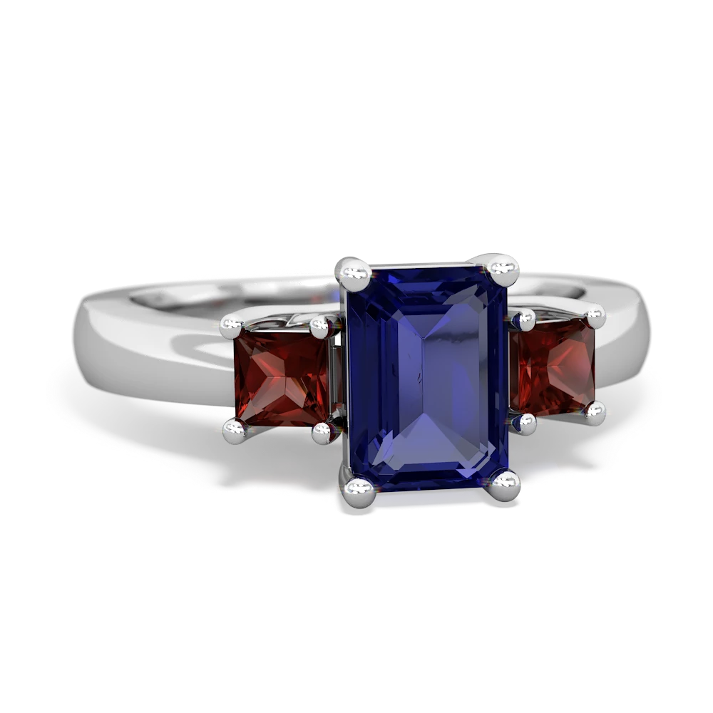 Lab Sapphire Three Stone Emerald-Cut Trellis 14K White Gold ring R4021