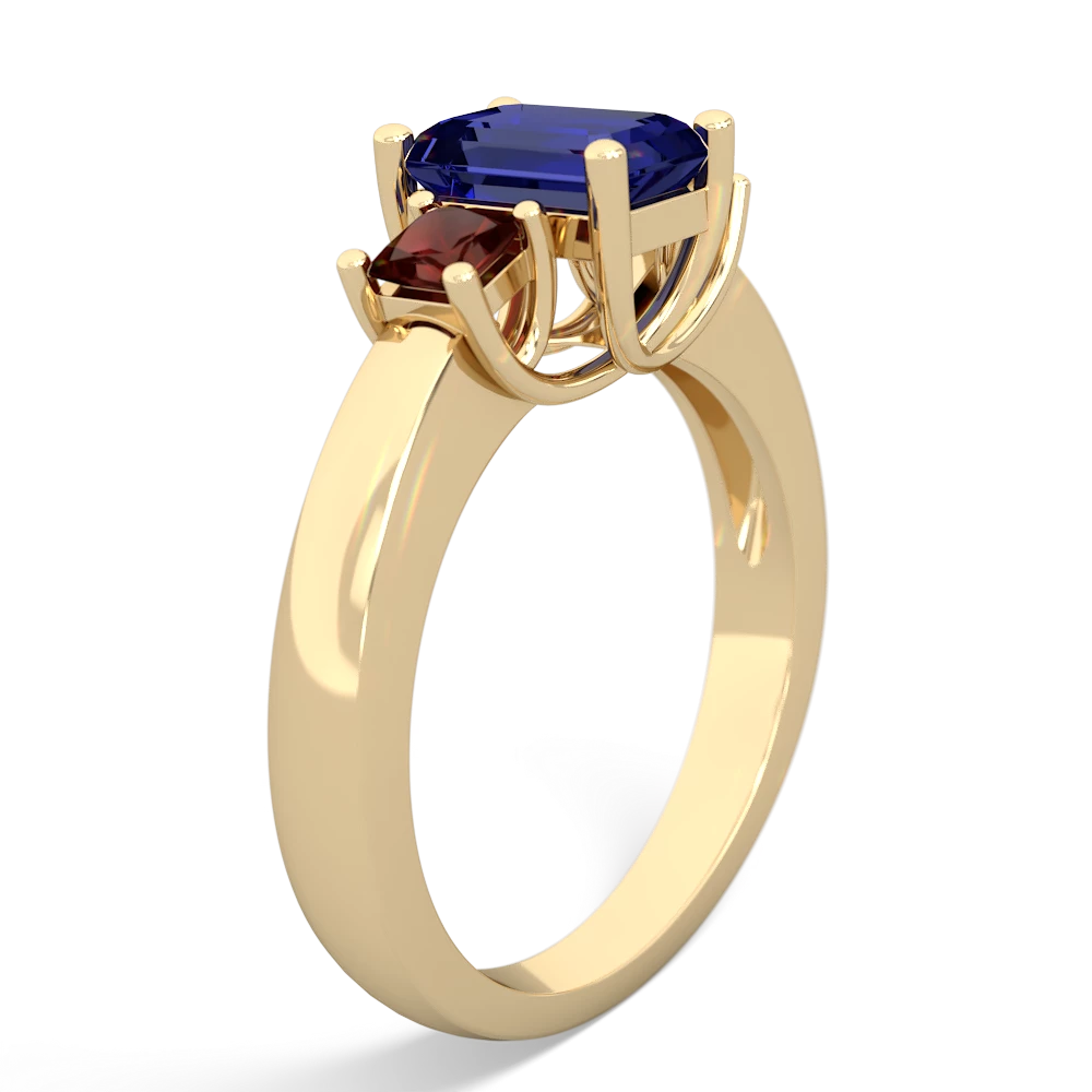 Lab Sapphire Three Stone Emerald-Cut Trellis 14K Yellow Gold ring R4021