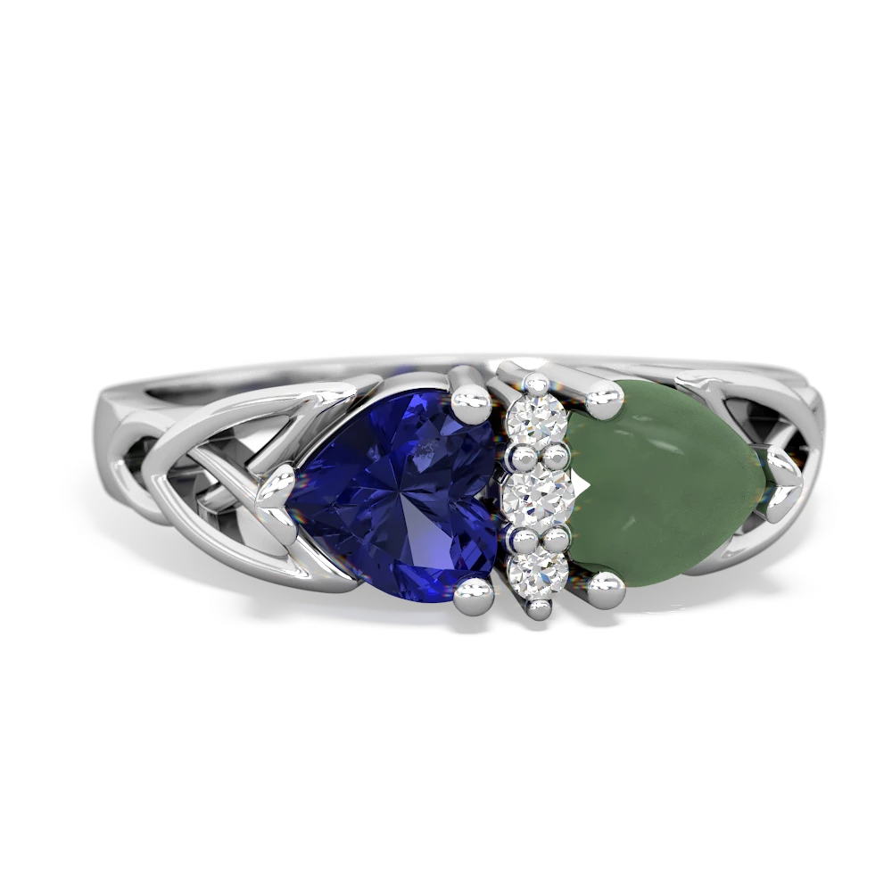 Lab Sapphire Celtic Knot Double Heart 14K White Gold ring R5040