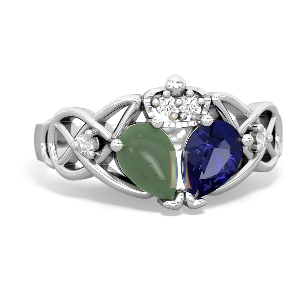 Lab Sapphire 'One Heart' Celtic Knot Claddagh 14K White Gold ring R5322