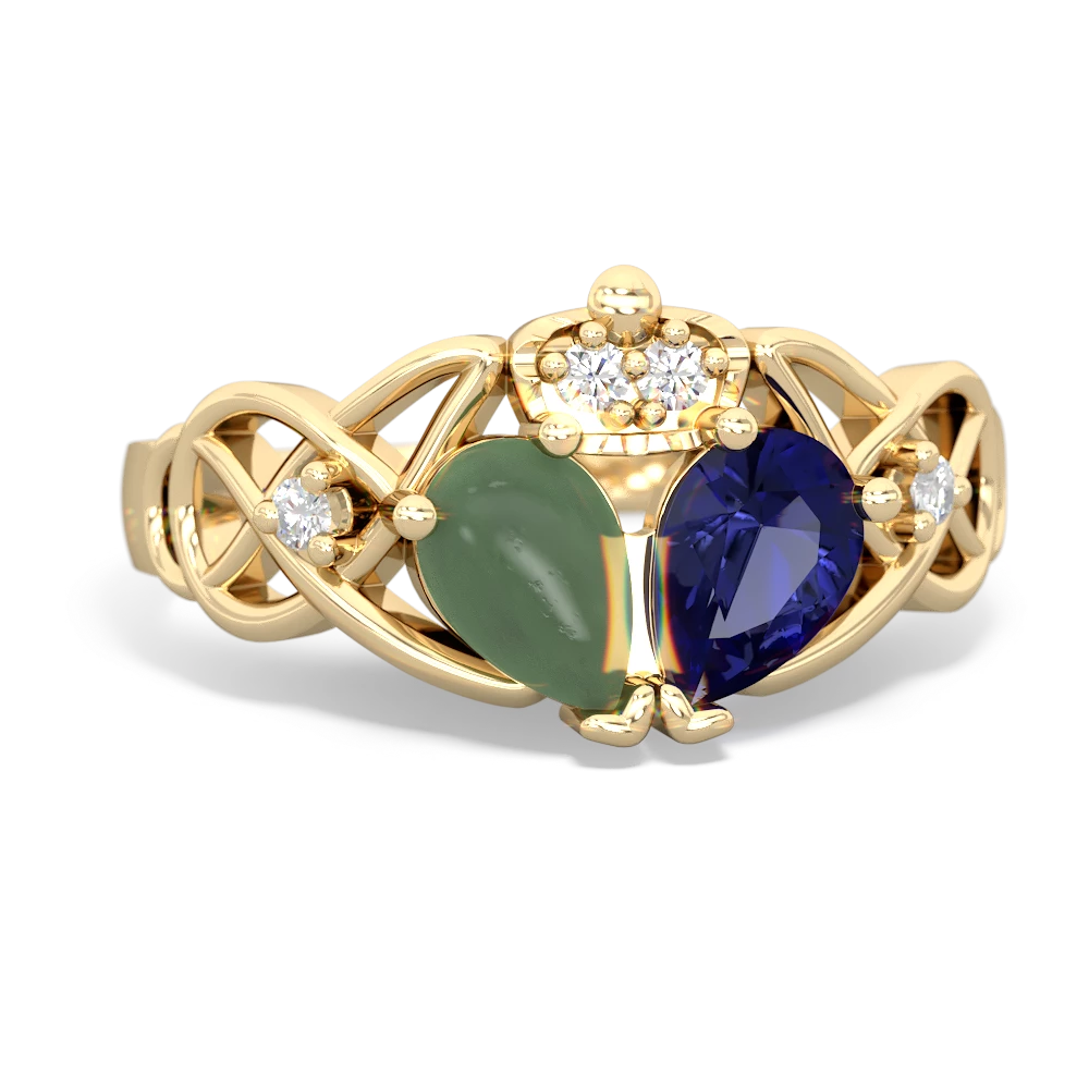 Lab Sapphire 'One Heart' Celtic Knot Claddagh 14K Yellow Gold ring R5322