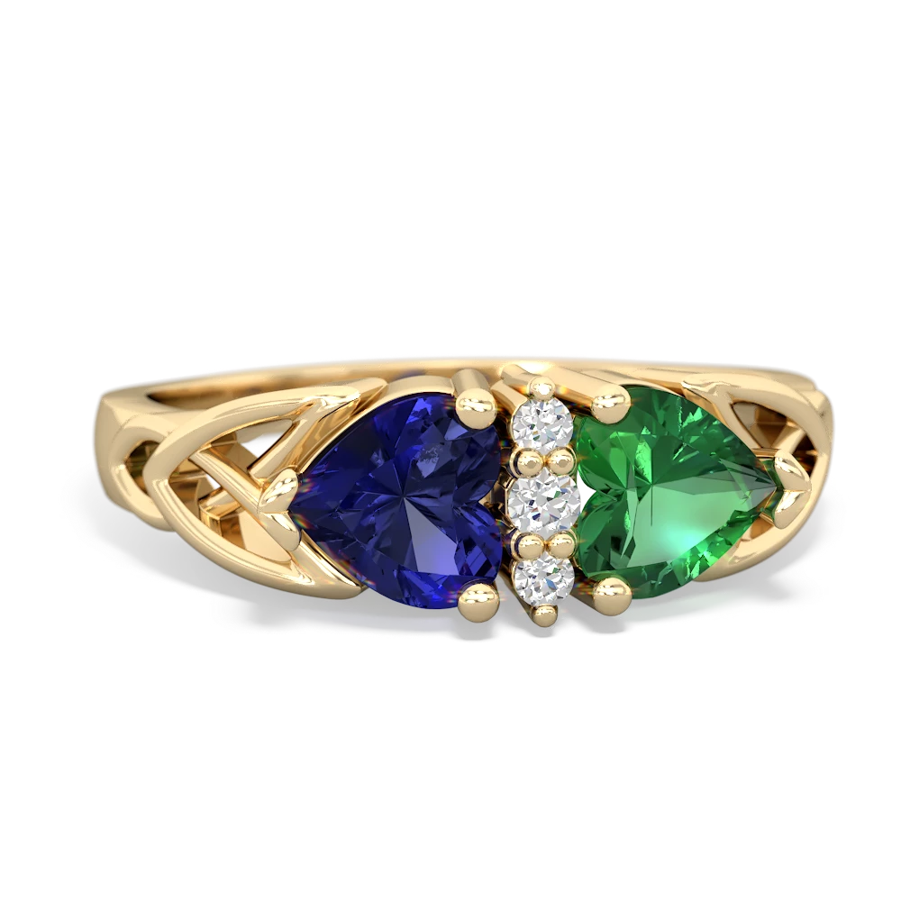 Lab Sapphire Celtic Knot Double Heart 14K Yellow Gold ring R5040