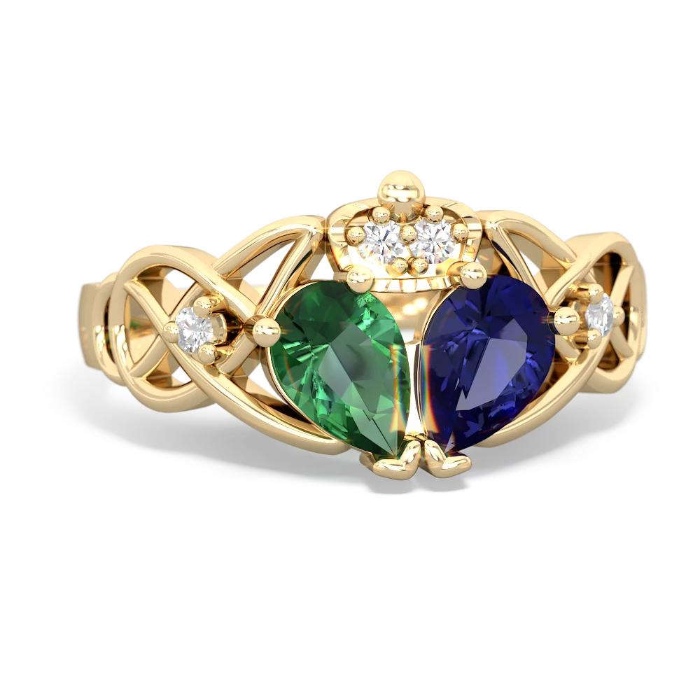 Lab Sapphire 'One Heart' Celtic Knot Claddagh 14K Yellow Gold ring R5322