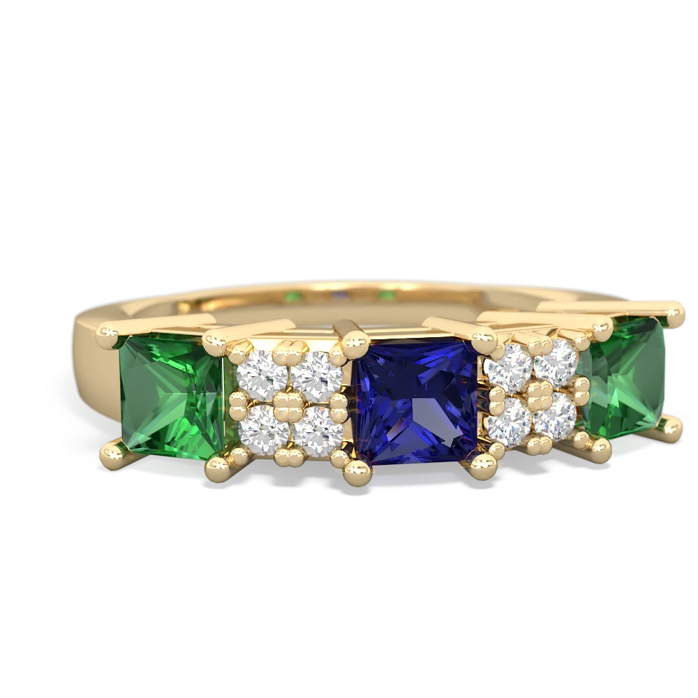 Lab Sapphire Three Stone Diamond Cluster 14K Yellow Gold ring R2592